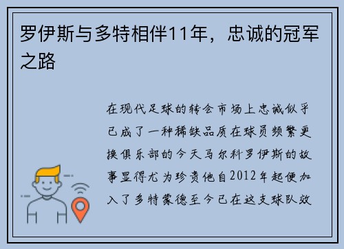 罗伊斯与多特相伴11年，忠诚的冠军之路